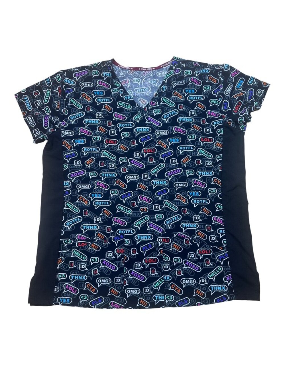 Divine Stretch Black Text Emoji Novelty Medical Scrub Top Large V-Neck